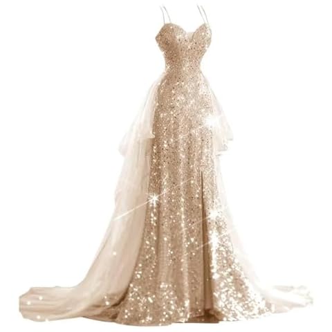 YUAOHUANG Spaghetti Straps Sequin Dress Champagne for Women Long Pageant Ball Gown Sparkling Tulle Sequin Wedding Dresses Split Formal Gowns XL US16 Cover