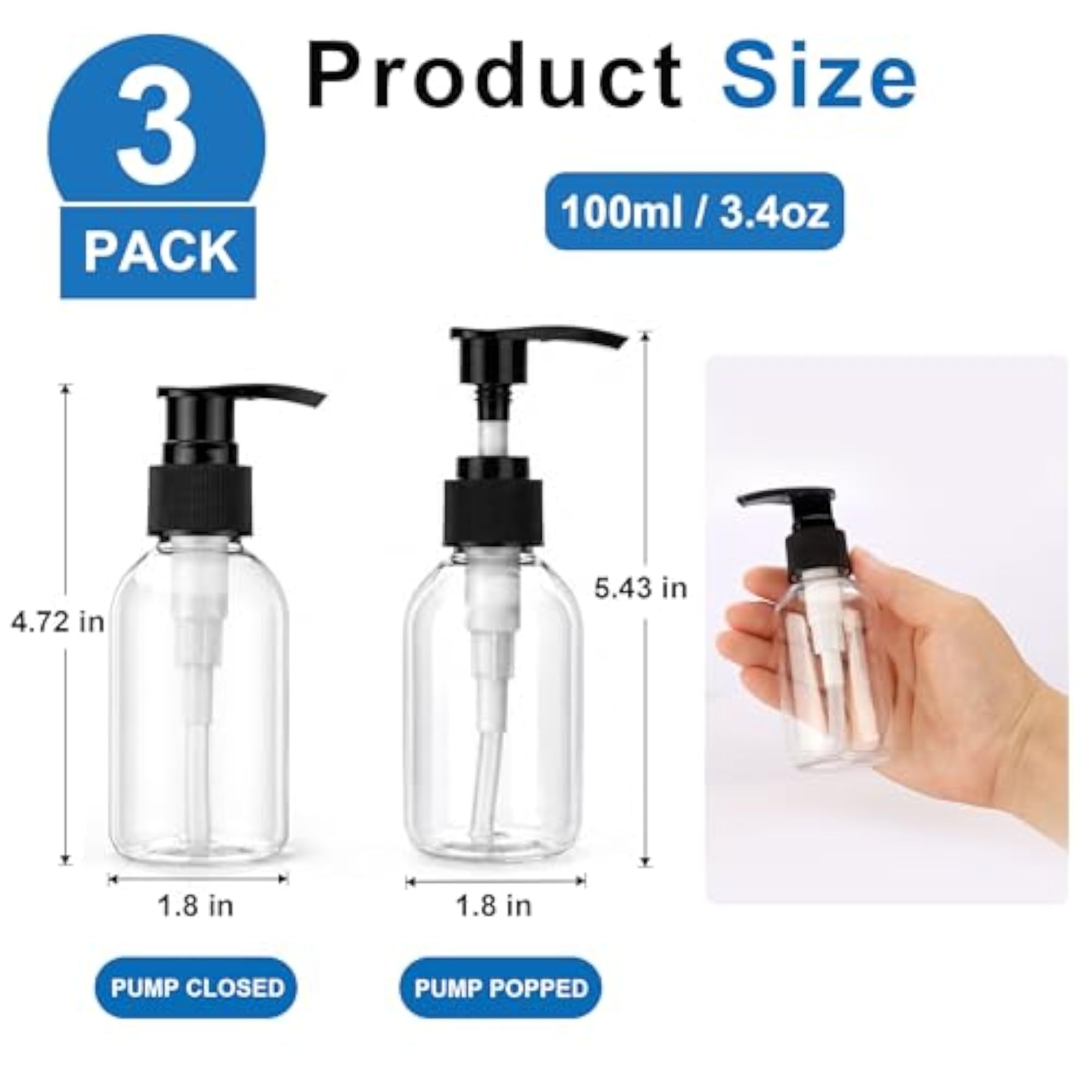 3 Pack 3.4oz Empty Pump Bottles Clear Lotion Dispensers