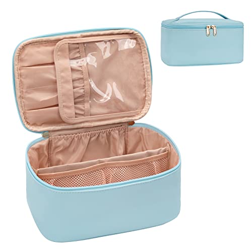 OCHEAL Makeup Bag, Portable Cosmetic Bag, Large Capacity Travel Makeup Case Organizer, Black Makeup Bags For Women Toiletry Bag for Girls Traveling With Handle and Divider-Lake Blue