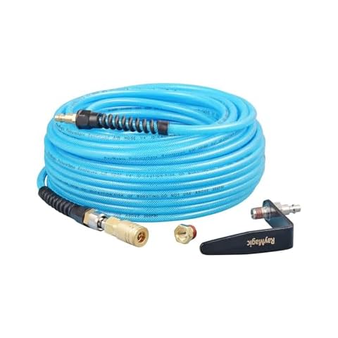 RayMagic Air Compressor Hose 1/4 Inch x 100 Feet Flexible Reinforced Polyurethane (PU) Air Hose 300PSI with Brass Fittings, Strain Reliefs, 1/4" 360 Swivel Coupler and Plug,1PCS Hook For Nailer, Blue Cover