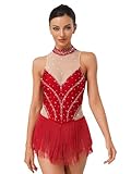 ranrann Maillot Brillante de Baile con Flecos para Mujer Leotardos de Danza Latina Samba Cha-cha Vestido de Patinaje Artístico Body de Baile Competición S-xxl borgoña XL