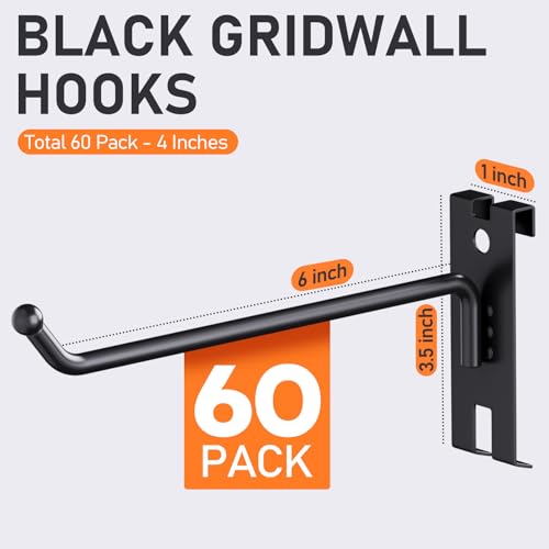 INCLY 6 Inch Gridwall Hooks, 60 Pack Heavy Duty Black Display Hooks for Grid Wall Panels, Gridwall Accessory for Storage Display Clothes in Retail Shop Garage by INCLY - Image 2