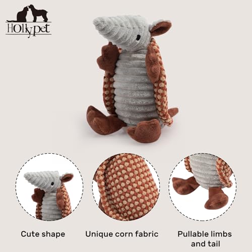 Image of Hollypet Plush Dog Squeaky Toy Stuffed Armadillo Animal Pet Puppy Chew Toys with Clean Teeth for Small Medium Large All Breed Sizes Dogs, Burnt Orange and Light Yellow,8 in