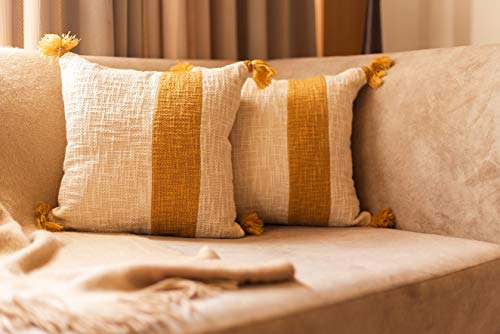 aRDENMEAD Cotton Set Of 2 Decorative Hand Made Throw/Pillow Cushion Covers. Tassel Cushion Cover Set For You Sofa,Living Room (16 X 16 In | 40 X 40 Cm, Yellow)