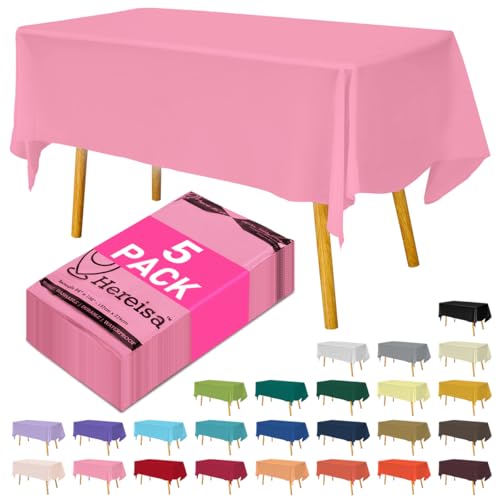 Hereisa Disposable Plastic Tablecloth Pink 54x108 Inch, 5-Pack Waterproof Rectangular Table Cover for Parties, Picnics, Dining Protection