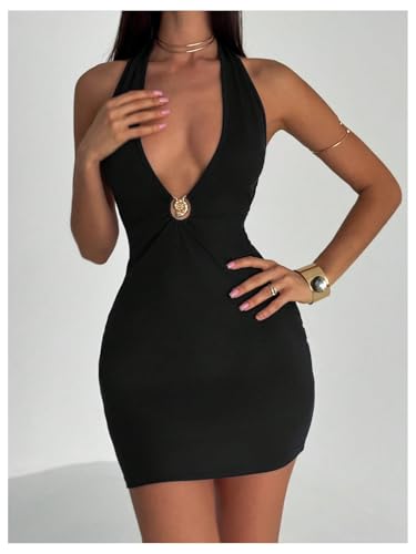 Milumia Women's Metal Ring Deep V Neck Halter Mini Dress Sexy Blackless Bodycon Party Club Short Dresses4