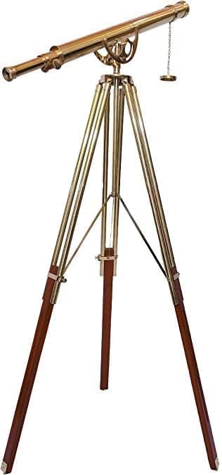 Designer Handmade Antique Single Barrel Telescope Unique Vintage Shiny Brass Finish Nautical Adjustable Wooden/Brass Floor Standing Tripod for Home & Office Decor