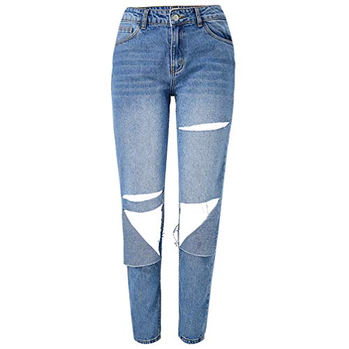 AOWEER Women High Waisted Ripped Hole Baggy Boyfriend Jeans Distressed Denim Pants Girl # Blue 28