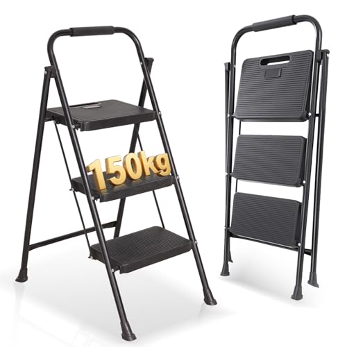 OUTIGO Escalera Plegable de 3 peldaños, pequeña, con Mango de Goma, diseño Antideslizante, Fabricada en Acero de aleación, Capacidad de Carga de hasta 150 kg, portátil, Ideal para el