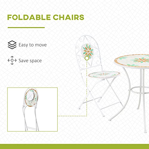 Outsunny 3 Piece Patio Bistro Set, Floral Mosaic Pattern, Metal Folding Chairs, Foldable Outdoor Dining Table For Coffee, Decor, Garden, Poolside, Porch, White #TOP4