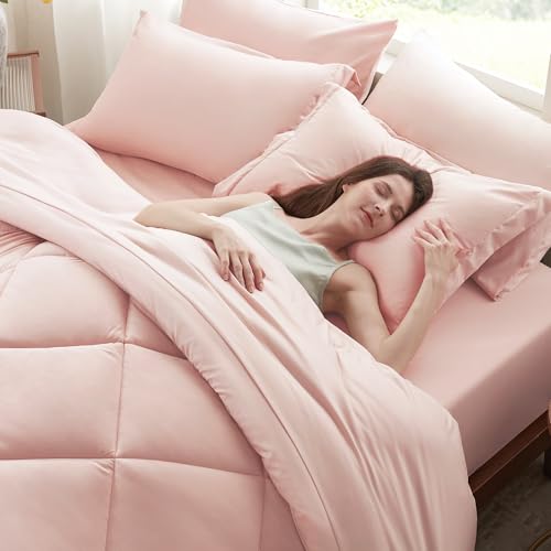Anluoer Twin Comforter Set,Pink Bed in a Bag 5 Piece,Lightweight Bedding Set with Soft Down Alternative Fill,Bed Set Includes Comforter, Fitted Sheet, Flat Sheet,Pillowcase and Sham