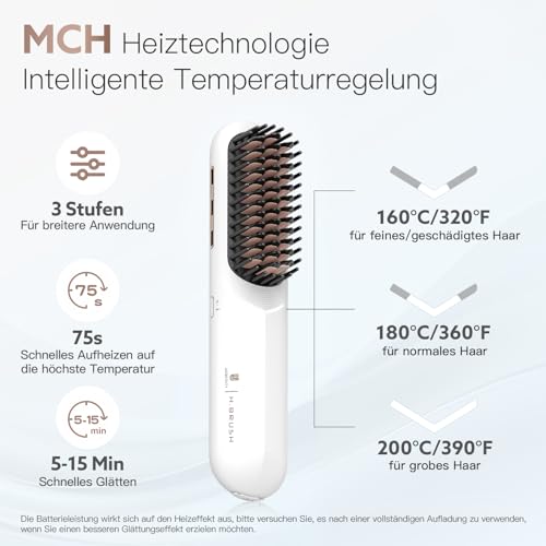 webeauty Glättbürste Kabellos, 200 Millionen Negative Ionen Glättungsbürste, Wiederaufladbare Haarglätter Bürste, Tragbare Mini Glättbürste mit Typ C Ladekabel für Reise, Weiß