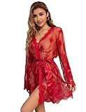 ohmydear Women's Lace Robes Plus Size Sexy Nightwear Kimono Dressing Gown Lightweight Mesh Babydoll Lingerie Set with Satin Belt and Thong Ladies Nightdress Red 8-10