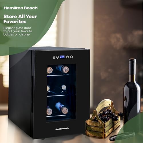Image of Hamilton Beach 6 Bottle Wine Fridge for Red, White, Sparkling, or Champagne Beverages, Digital Display, Table or Countertop Storage, Free Standing, 13L
