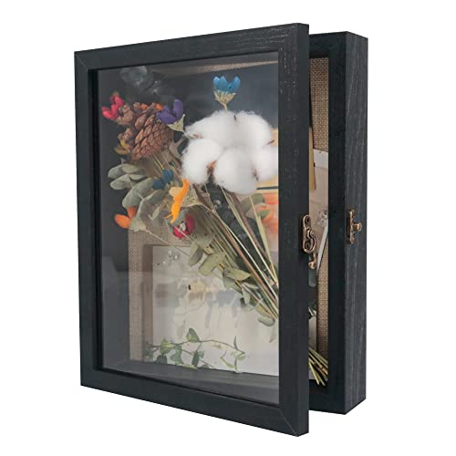 Image of GraduationMall 8x10 Wood Shadow Box Frame Glass Door Display Case with Linen Back and 6 Stick Pins,1.5 inches Interior Depth,Ideal for Memorabilia Pictures Flowers Medals Tickets Rustic Black