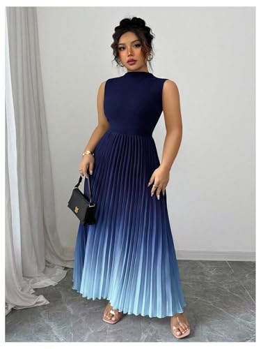 Image of SOLY HUX Women's Plus Size Summer Ombre Sleeveless Flowy Maxi Dress | Birthday, Pleated A Line, Mock Neck, Formal Outfits,Cocktail, Wedding, Graduation