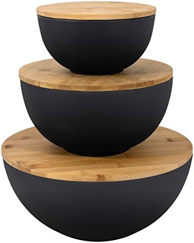 Bremel Home Salad Bowl with Lid - Large Salad Bowl Set of 3 with Wooden Lids, Bamboo Fibre like Melamine Mixing Bowl & Storage Set for Serving Salad, Salad Serving Bowl Set for Pasta, Popcorn, Chips