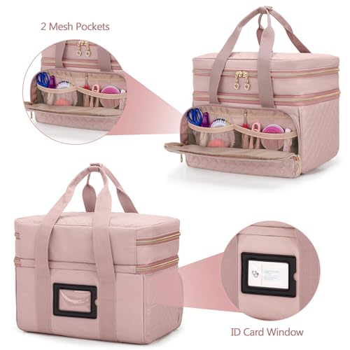 Image of YARWO Double-Layer Sewing Supplies Organizer Bag with 5 Detachable Dividers | Portable Sewing Accessories Storage Case, Multi Pockets for Sewing Kits, Top Handle, Gifts for Sewing Beginner, Dusty Rose