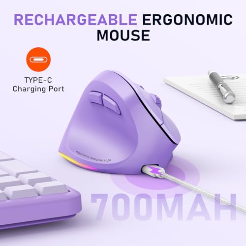 Image of MEETION Left-Handed Ergonomic Mouse, Vertical RGB Wireless Design, Purple | Comfortable vertical grip for left-handed users, rechargeable battery, Bluetooth 5.2 /3.0, USB-A receiver, 4 DPI settings