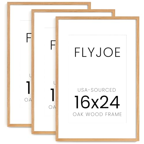 Image of FLYJOE 16x24 Oak Wood Picture Frame with Mat for 12x18, 16 by 24 USA-Sourced Natural Solid Wooden Poster Frame for Wall Display, Tempered Real Glass, Hanging Hardware Included, 3 Pack, Natural
