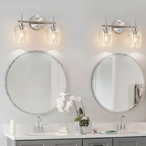 Image of MOKATNG 2-Light Bathroom Light Fixtures, Brushed Nickel Vanity Lights for Bathroom with Clear Glass, Bathroom Lighting Fixtures Over Mirror, Modern Wall lamp for Cabinet Hallway
