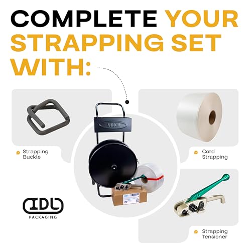 Image of IDL Packaging Strapping Cart & Dispenser for Cord Strapping (16 inch x 3 inch Core) | CA-248 for Woven Cord Coils - Durable Steel Tube Frame and Rubber Wheels - Built-In Tray for Cutter, Buckles, & Gloves