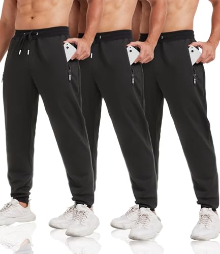 Image of lomsoe 3 Pack Sweatpants for Men Tapered Mens Joggers Pants with Zip Pockets Slim Fit Running Gym Sweat Pants Gifts for Men