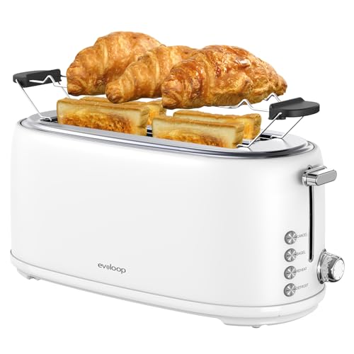 Evoloop 4 Slice Toaster, Long Slot Toaster with Warming Rack, 6 Shade Settings,Bagel/Defrost/Reheat/Cancel, 1.5" Extra Wide Slots Toaster for Croissants Bread, Stainless Steel (White)