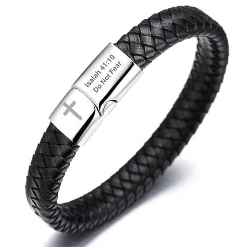Halukakah Faithful Strength Herren-Lederarmband - 21,5cm Klassisches Schwarz Leder mit Magnetischer Titanstahlschließe,Gravierte Isaiah 41:10 Do Not Fear & Kreuz.Religiöses Geschenk für Ihn