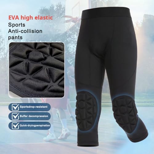 Hotfiary Youth Kids Pants with Knee Pads Boys 3/4 Capri Compression Tights Padded Basketball Workout Leggings for Kids2