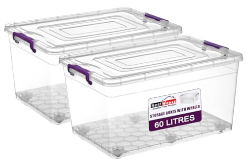 BH | 60L - 2 PCS Clear Large Plastic Storage Box with Lids on Wheels | Containers Multi Purpose use for Home office Kitchen Toys Clip Locked (60 Litres) - By BEST HOUSE