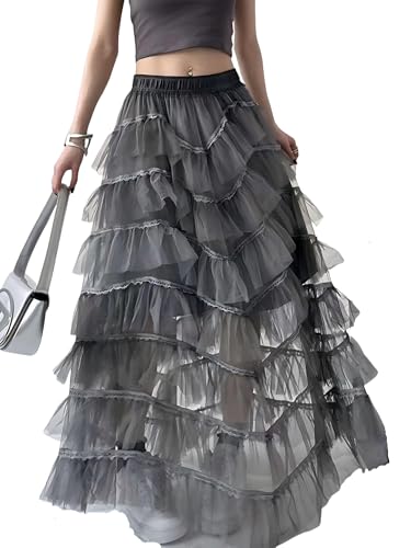 Women's Fairy Elastic Waist Pleated Tulle Midi A-Line Skirt