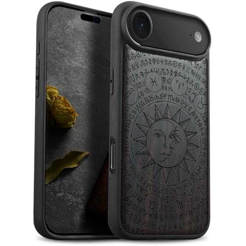 Carveit MagSafe (マグセーフ) 対応 iPhone Air ケース 木製 【天然木+TPUシリコンツーインワン】 衝撃吸収 滑り止め マグネット内蔵 iPhone 17 Air ケース 耐衝撃 レーザーアート彫刻 (黒い木-太陽と月)