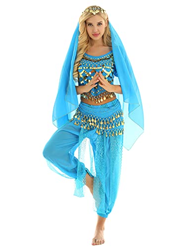 Ensemble Danse Latin Samba Salsa Top Paillette et Jupe Bleu Lac