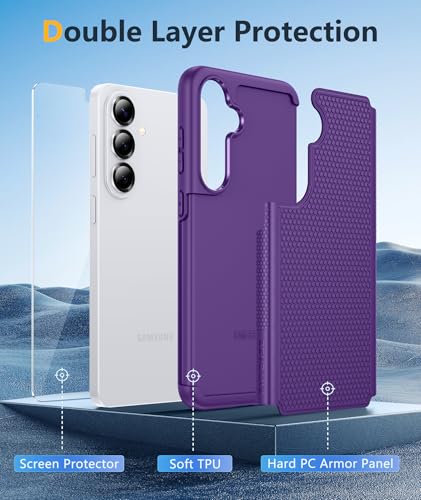 Image of FNTCASE for Samsung Galaxy S26 Case: Military Grade Drop Protection, 14ft Drop Protective, Screen Protector Included, Anti-Slip Tempered TPU+PC Dual Layer Shockproof Phone Case Cover (Purple)