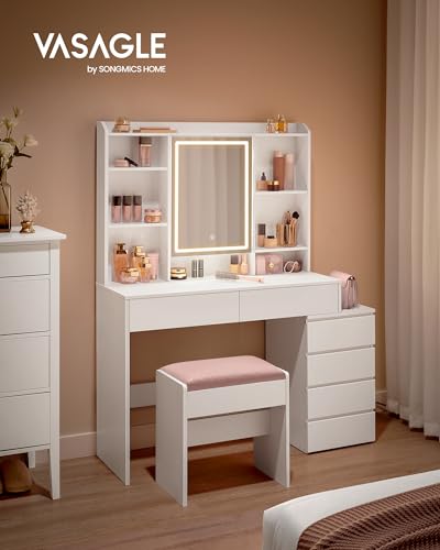 VASAGLE Dressing Table, Large Adjustable Brightness LED Mirror, Makeup Table with Mirror, Open Compartments, Adjustable Shelves, Modern, Cloud White RDT624W01