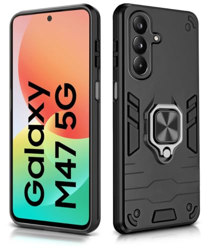 Image of WOW IMAGINE Shock Proof Back Case Mobile Cover for Samsung Galaxy M47 5G | Back Cover Case (Tough Armor | Hybrid PC + TPU | Ring Holder & in-Built Kickstand | Black)