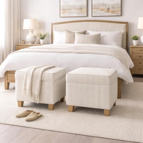 Image of HomePop 18 inch Classic Square Storage Ottoman - Marigold Pinstripe Cream