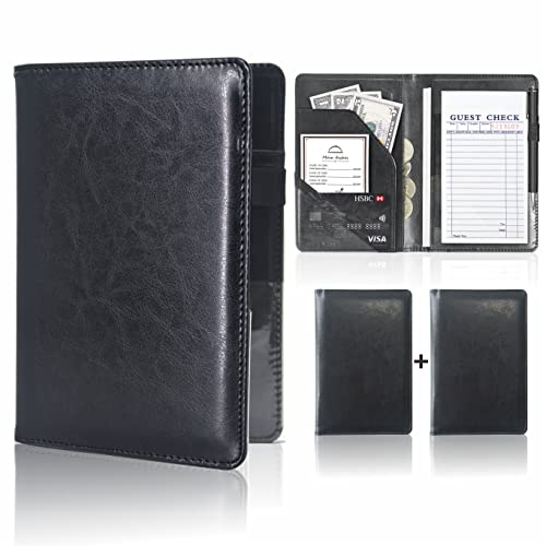(2 Pack of) Server Book for Waitress and Waiter â€“ VNKI 8 Pockets PU Leather Waitress Book Organizer â€“ Cute Server Book, Guest Checks Book Holder Money Pocket Fit Server Apron (Black)