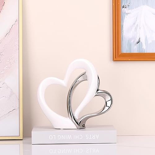 Estatua Dubble Heart de Cerámica Blanca y Plateada miniatura 4