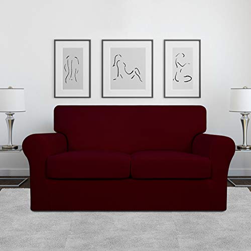 Image of Easy-Going 3 Pieces Stretch Soft Couch Cover for Dogs - Washable Sofa Slipcover for 2 Separate Cushion Couch - Elastic Furniture Protector for Pets, Kids (Loveseat, Wine, Medium) | Sofa Slipcover for Stretch 2 Separate Sectional Cushion Couch - Furniture Protector for Pets, Kids Wine