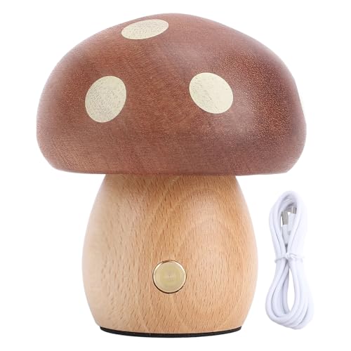 Miskall Lámpara de mesa de champiñones pequeñas de madera, luz de luz cálida LED sin pasas Lámpara de noche recargable de noche, lámpara portátil para la mesita de noche del dormitorio