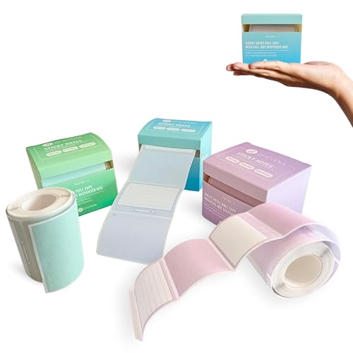 [768] Etiquetas autoadhesivas para material escolar y de oficina. Adhesivos en rollo con caja dispensadora. Pegatinas estilo kawaii en tonos de azul, lila y verde.