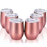 Skylety 6 Pack 12 Oz Unbreakable Drink-Ware Stemless Wine Tumbler, Stainless Steel Triple-Insulated Vacuum Wine Glass Cup with Lids for Wine, Coffee, Champagne, Cocktails and Beer (Rose Gold)