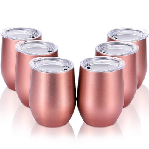 Skylety 6 Pack 12 Oz Unbreakable Drink-Ware Stemless Wine Tumbler, Stainless Steel Triple-Insulated Vacuum Wine Glass Cup with Lids for Wine, Coffee, Champagne, Cocktails and Beer (Rose Gold)