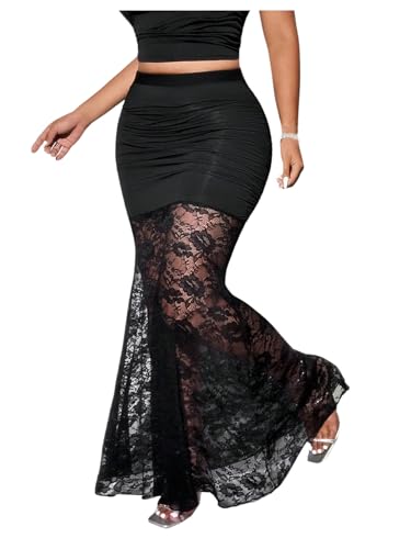 Floerns Women's Plus Size Floral Lace Maxi Skirts High Waist Fishtail Hem Long Skirts