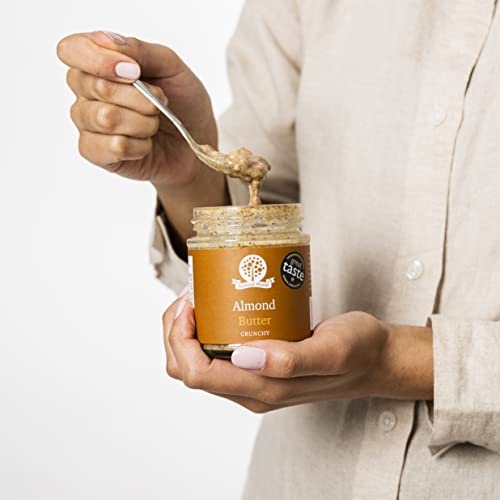 Nutural World - Knusprige Mandelbutter 100% pur (170g netto) im Glasgefäß - Vegan, ohne Zusatz von Salz, Zucker oder Palmöl - ein Preisgekröntes Produkt