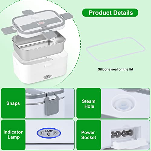 Fvw Electric Lunch Box 80W Food Heated 12V 24V 110V Portable Food Warmer Heater For Car/Truck/Home Self Heating Box With 1.8L 304 Stainless Steel Container 0.45L Compartment (White + Grey) #TOP5