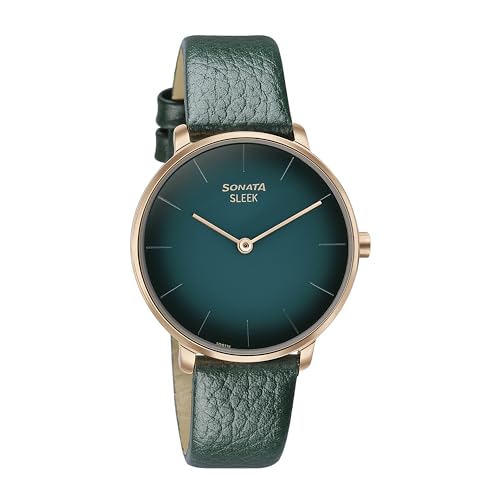 Image of Sonata Sleek Green Dial Leather Strap Analog Watch for Women-8191WL01
