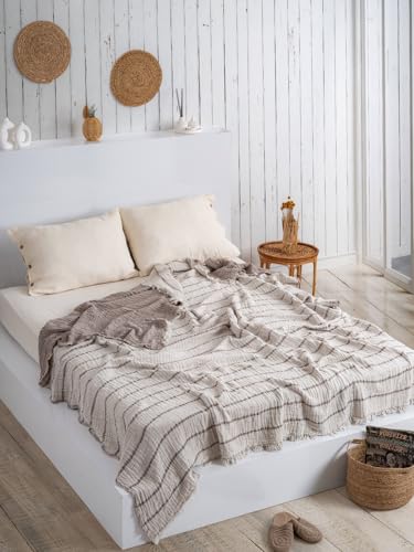 Sahra Home - 100 prozent Baumwolle Musselin Decke – 4-lagig, Doppelseitig verwenbar, Bio-Färbung, King Size 220x240 cm – Handgefertigt – Tagesdecke und Sofaüberwurf – Perfekt für den Sommer – Türkische Qualität